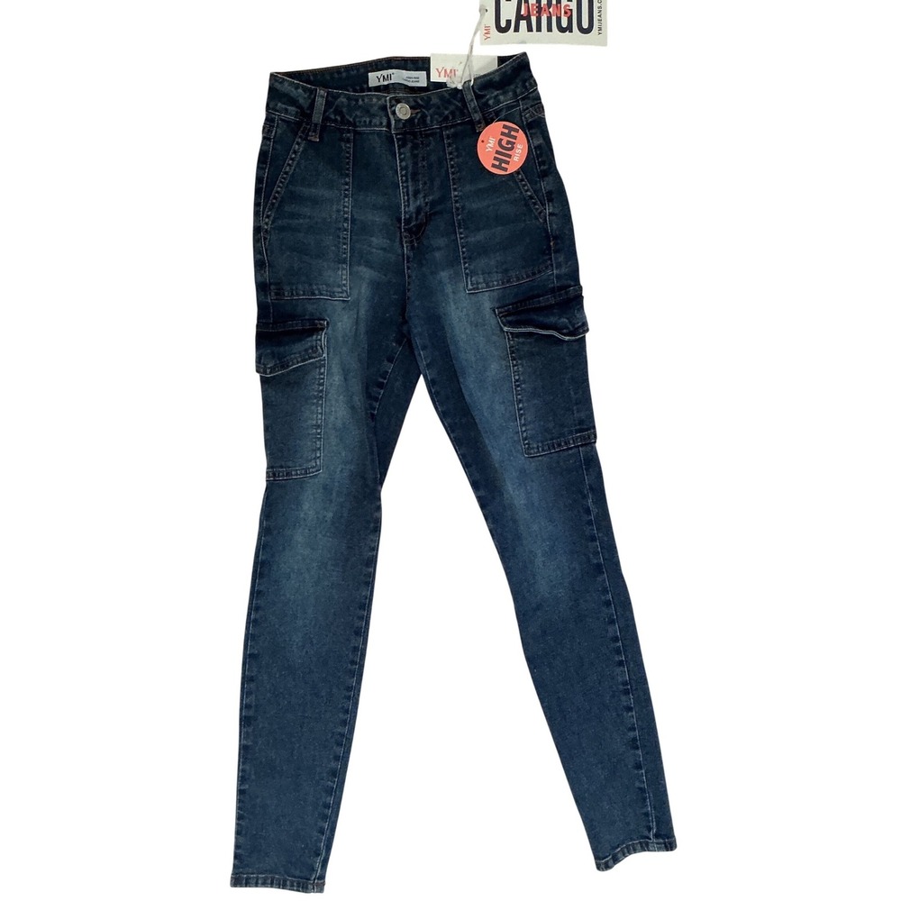 YMI Women High Rise Cargo Skinny Jeans Dark Wash Blue Denim Size 3/26 NEW